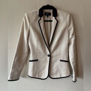 Mango MNG Linen Blend Suit Jacket Blazer 4 Beige Black Herringbone Preppy Office